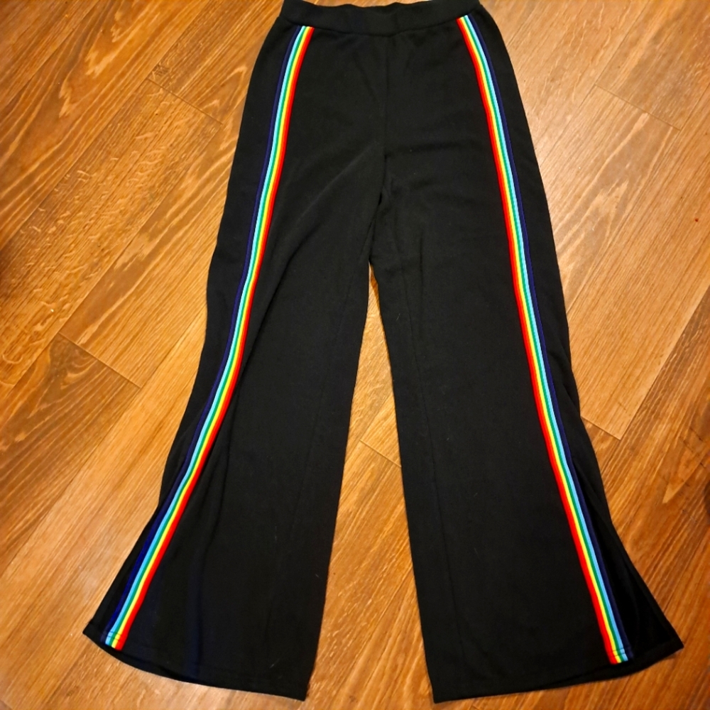 Nwot Tracey Anderson/GILI black flare/bootcut, slit hem, rainbow stripe pants xs